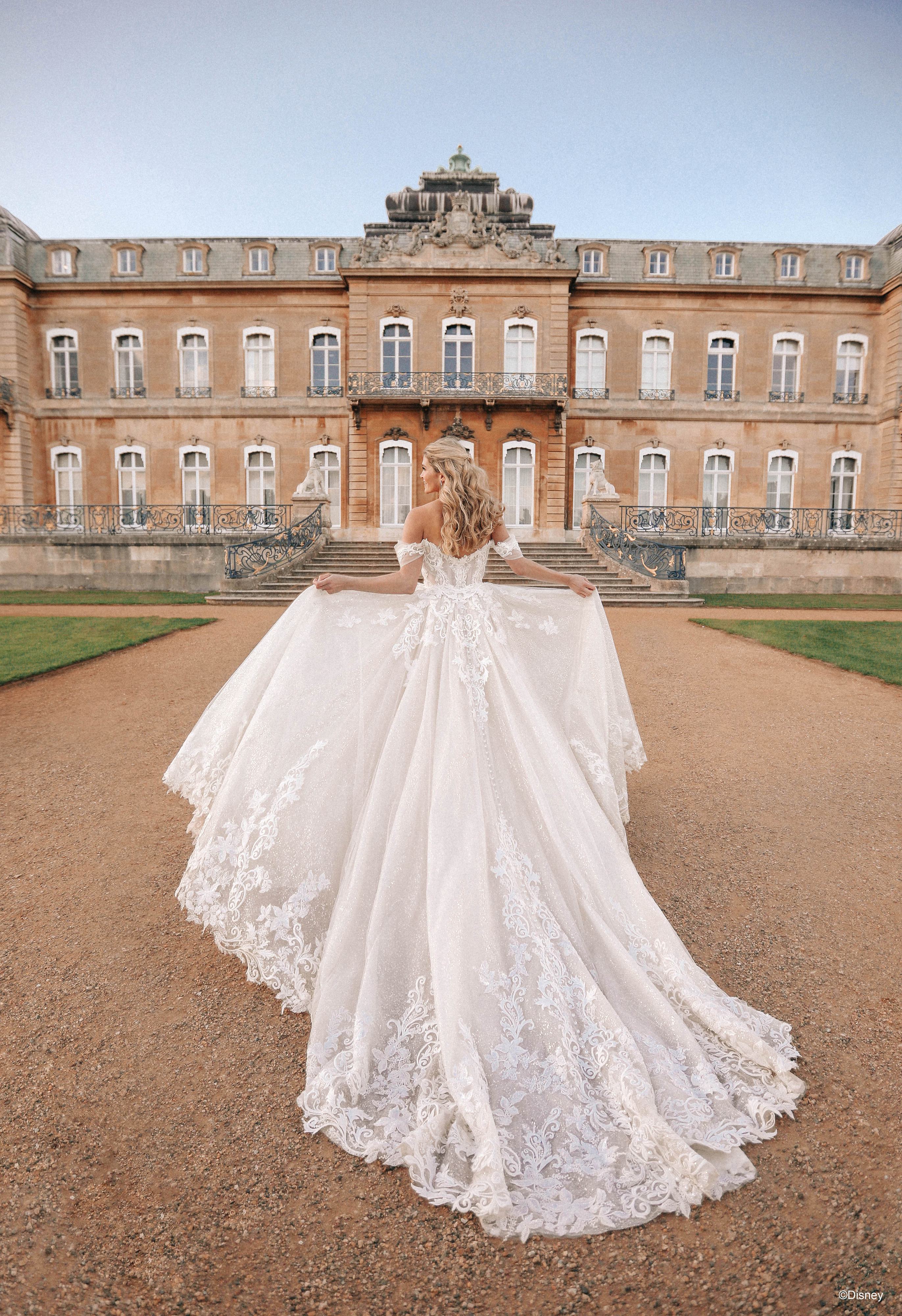 The image shows a woman wearing an exquisite white wedding gown viewed from the back. The dress features a high neckline and long, flowing fabric that drapes elegantly down her back. The gown has a grand, voluminous train that extends far behind her, creating a dramatic and regal appearance. The edges of the train are adorned with intricate lace detailing, adding a touch of elegance and sophistication to the overall look. The woman's hair is styled in an updo, complementing the classic and refined aesthetic of the gown. The overall effect is one of timeless beauty and grandeur, perfect for a fairy-tale wedding.