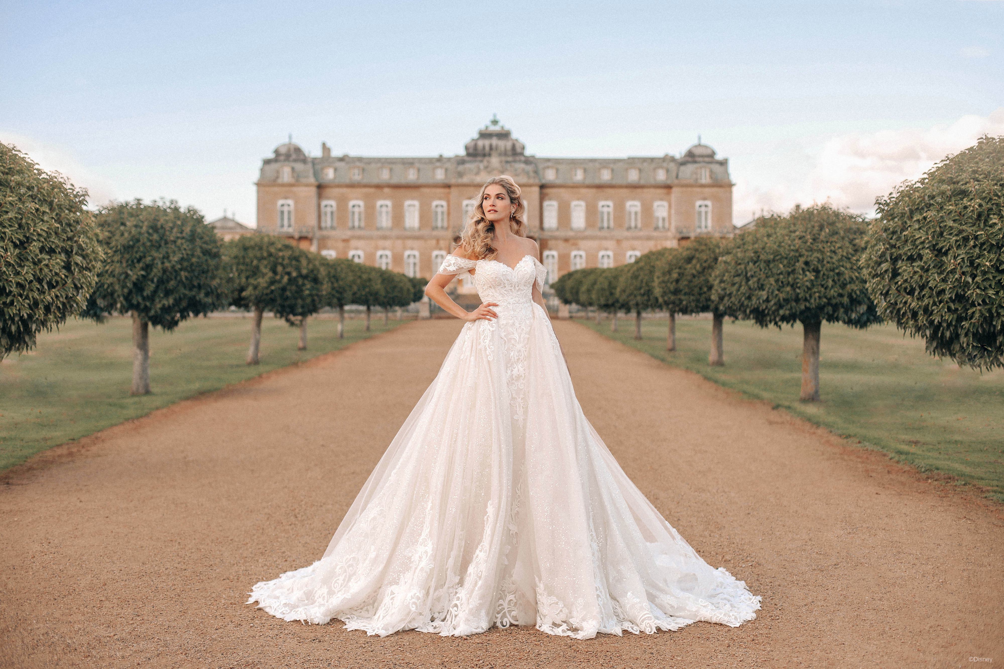 The image shows a woman wearing a stunning white wedding gown with a grand and voluminous design. The dress features an off-the-shoulder neckline with delicate, lace-trimmed sleeves that drape gracefully over her upper arms. The bodice is fitted, adorned with intricate lace detailing, and transitions into a full, ballgown-style skirt. The skirt is expansive and flows out dramatically, creating a fairy-tale princess silhouette, and is decorated with lace along the hem. The woman’s long blonde hair is styled in loose waves, adding to the romantic and elegant appearance. The overall look is regal, sophisticated, and perfect for a fairy-tale wedding.