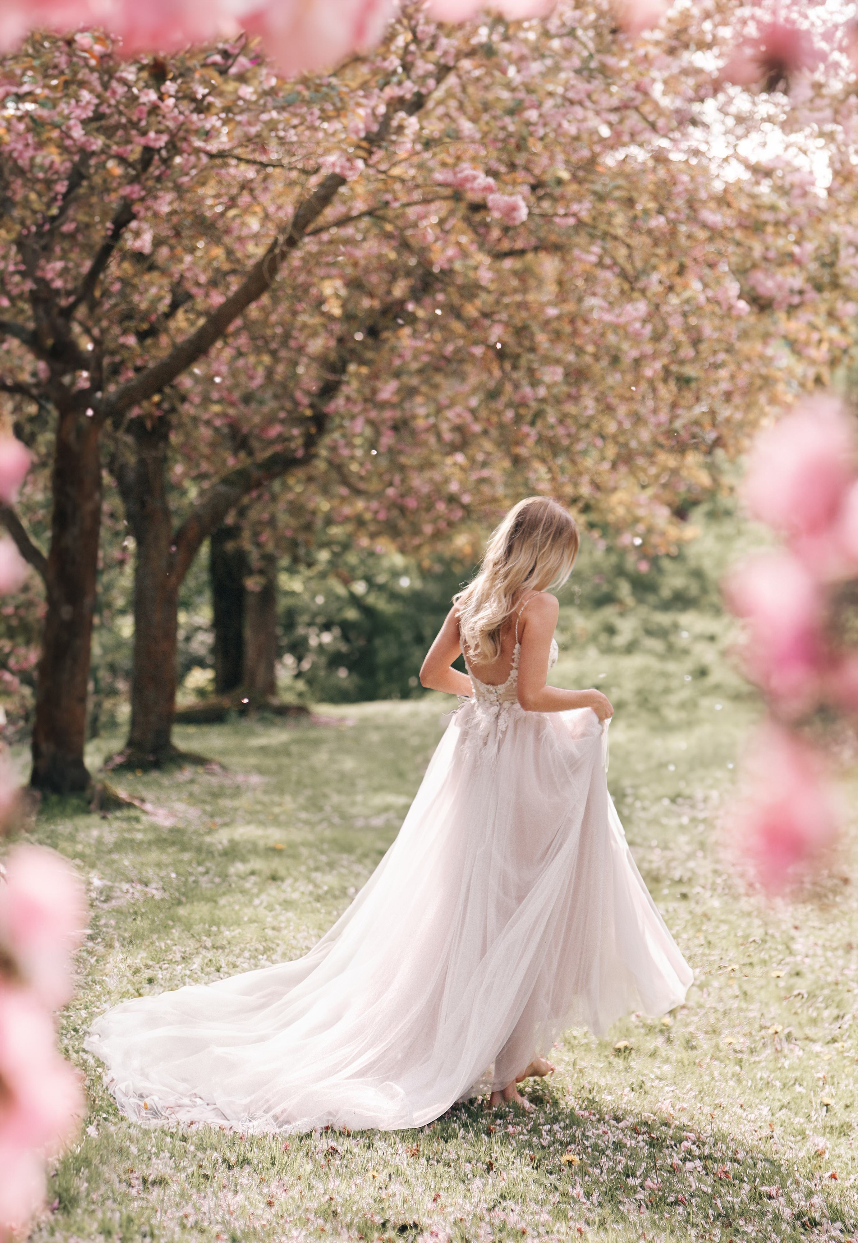 A bride gracefully walks through a sunlit garden path adorned with pink cherry blossoms. She wears a delicate, backless wedding gown with a flowing tulle skirt that trails behind her. Her long blonde hair cascades down her back, catching the light and adding to the ethereal quality of the scene. The bride gently lifts her dress as she moves forward, creating a sense of movement and serenity. The surrounding trees and soft petals falling create a romantic and whimsical atmosphere, perfect for capturing the beauty of this special moment.
