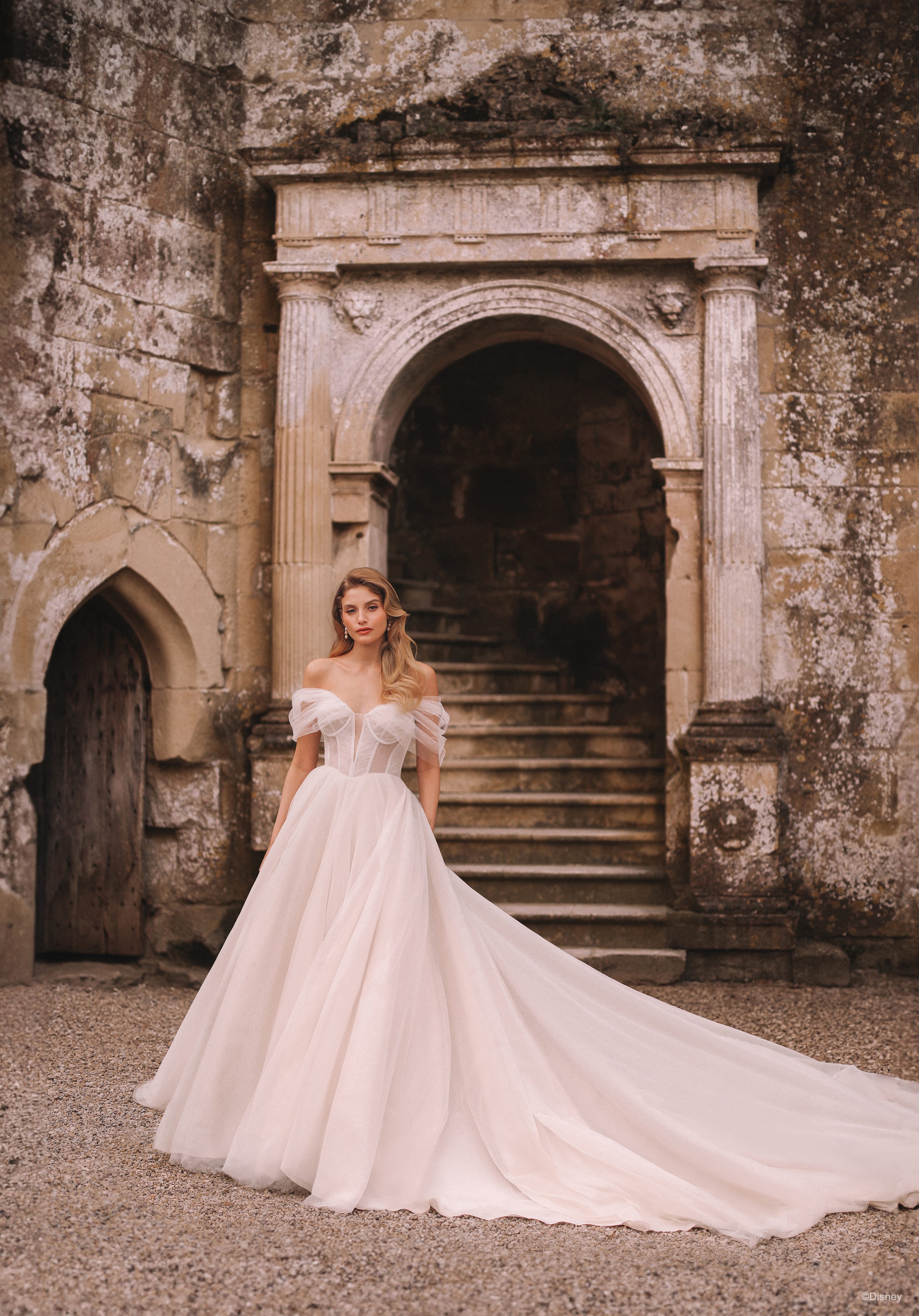 A bride stands gracefully in front of a grand, weathered stone archway, wearing a voluminous gown inspired by Disney's Aurora. The dress features off-the-shoulder sleeves and a structured bodice that accentuates her silhouette, flowing into a dramatic, long train that cascades behind her. The muted tones of the ancient stone and the delicate, romantic design of the dress create a timeless and enchanting atmosphere. The bride's soft curls frame her face as she gazes forward with an air of regal elegance, perfectly embodying the spirit of a modern-day princess.