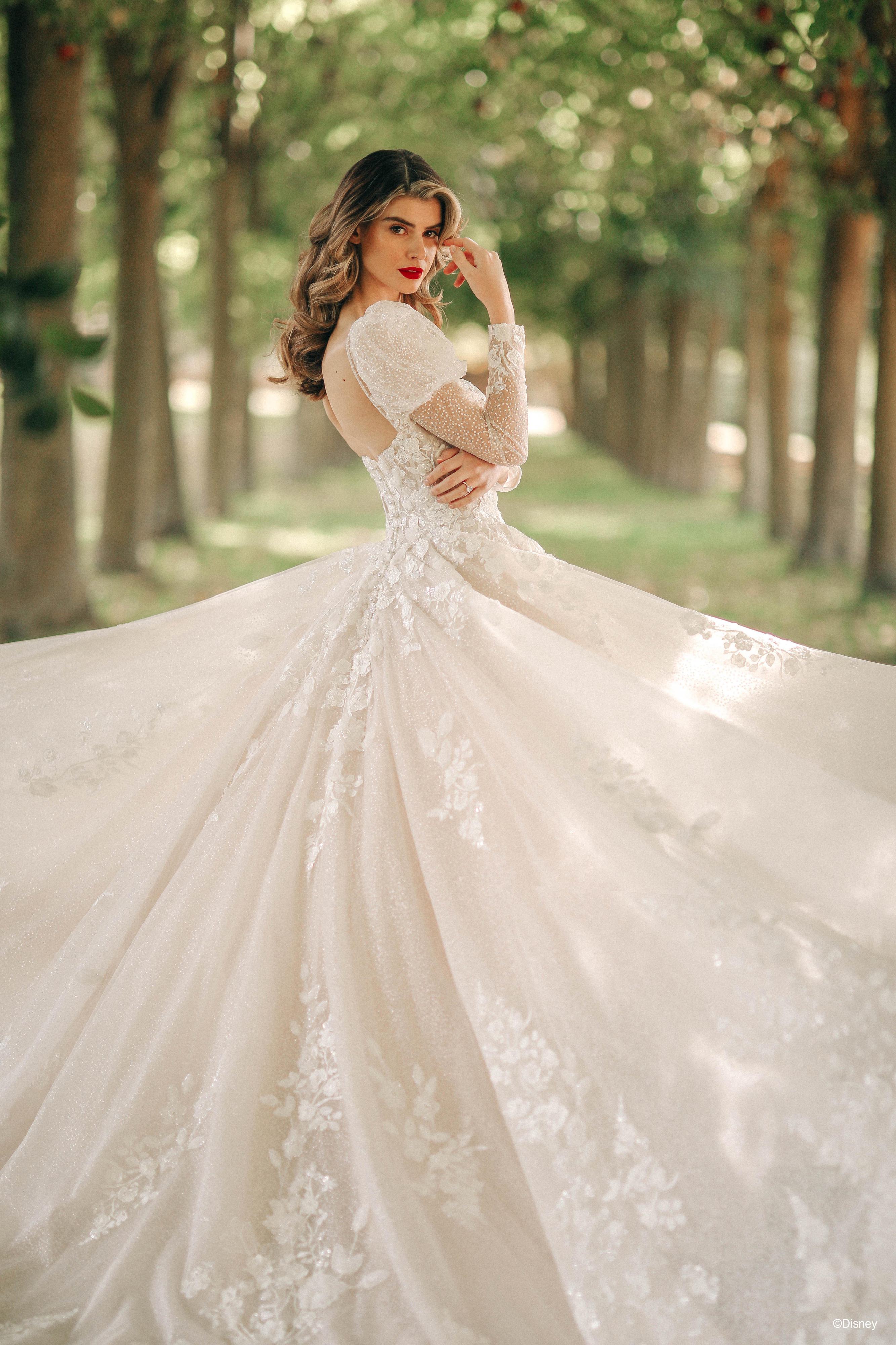 The image shows a woman wearing a luxurious white wedding gown viewed from an angled back perspective. The dress features a sweetheart neckline and short, delicate sleeves, adding a touch of romantic elegance. The bodice is fitted and adorned with intricate lace detailing, which continues down the length of the gown. The skirt is exceptionally full and voluminous, flowing out in a dramatic and graceful manner to create a classic ballgown silhouette. The fabric appears rich and textured, with lace accents enhancing its beauty. The woman's hair is styled in loose waves, complementing the sophisticated and timeless quality of the dress. The overall effect is one of grandeur and elegance, perfect for a fairy-tale wedding.